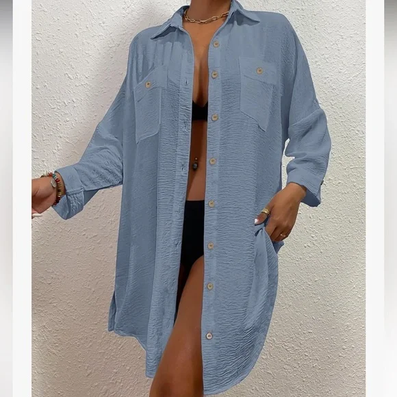 Blue Button-Up Swimsuit Cover-Up/Dress - Picture 4 of 10